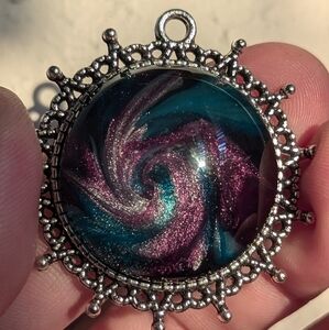 Hand Crafted necklace or keychain purple and blue metallic swirl